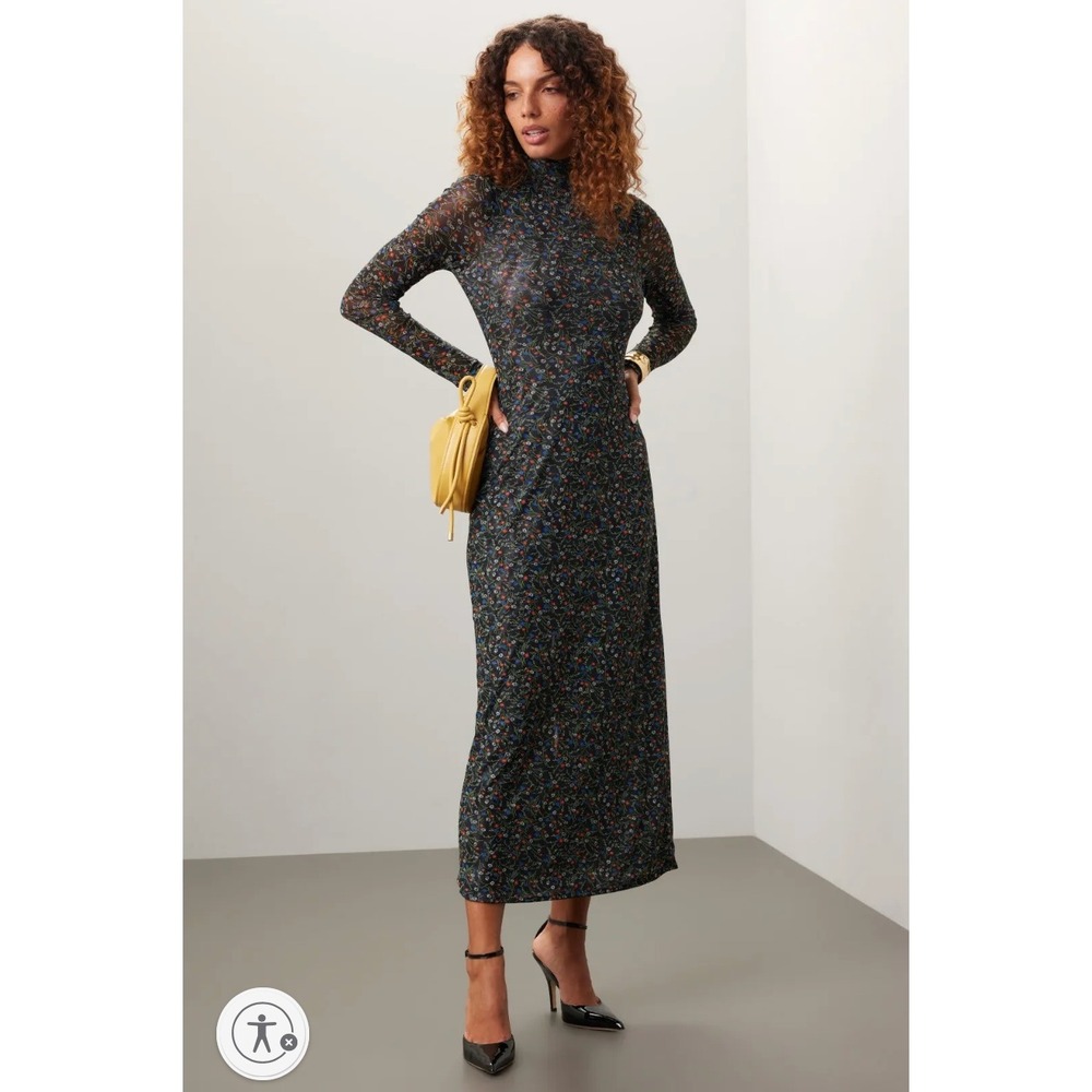 Rosetta Getty Mesh Dress Long Sleeve Mock Neck Maxi Black Floral Sheer Sz 10